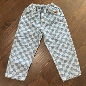 Wide legged, checkered denim pants for kids size 7/8